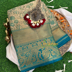 Moss Green and Teal Blue Semi Benarasi Saree -VS1172