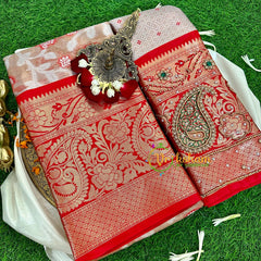 Pastel Shade with Red Border Semi Benarasi Saree -VS1177