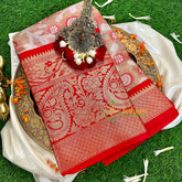 Pastel Shade with Red Border Semi Benarasi Saree -VS1177