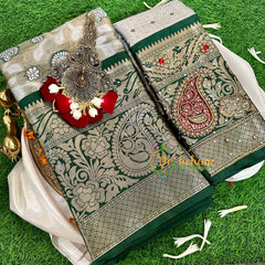 Pastel Shade with Forest Green Semi Benarasi Saree -VS1178