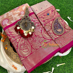 Pastel Semi Benarasi Saree with Pink Border -VS1180