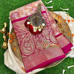 Pastel Semi Benarasi Saree with Pink Border -VS1180