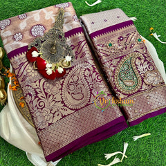 Pastel Semi Benarasi Saree with Purple Border -VS1179