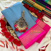 Steel Blue Grey with Pink Border Semi Soft Silk Saree-VS725