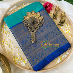 Turquoise with Blue Kora Muslin Saree-VS508