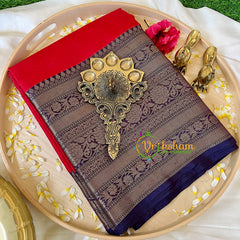 Reddish Pink with Blue Border Saree - Kora Muslin Saree -VS502