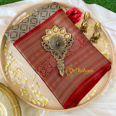 Grey with Red Kora Muslin Saree-VS504