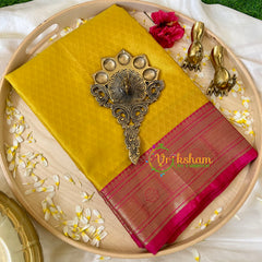 Mustard Yellow with Pink Kora Muslin Saree-VS507
