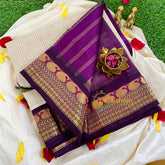 Half White with Purple Silk Cotton Saree-Korvai Handloom-VS333