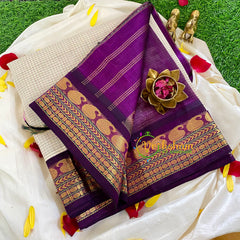 Half White with Purple Silk Cotton Saree-Korvai Handloom-VS333