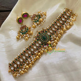 AD Stone Centre Green Stone High Neck Choker-Gold Pearl -G8015