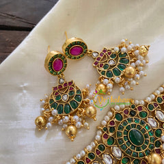 AD Stone Centre Green Stone High Neck Choker-Gold Pearl -G8015