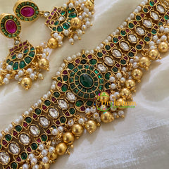 AD Stone Centre Green Stone High Neck Choker-Gold Pearl -G8015