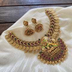Gold look alike Coin Lakshmi Short neckpiece - Gold Bead - G7875