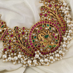 Precious Jadau Kundan haram with pendant-Pearl-J741