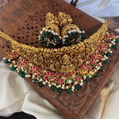 Lakshmi Jadau Kundan High Neck Choker-Green Bead-J712