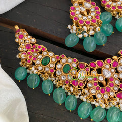 Jadau Kundan Peacock Neckpiece-Red Green-J737