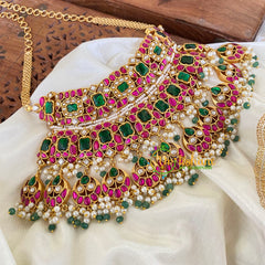 Precious Jadau Kundan Statement Bridal High Neck Choker-Red Green-J715