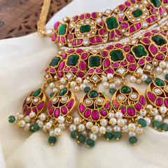 Precious Jadau Kundan Statement Bridal High Neck Choker-Red Green-J715