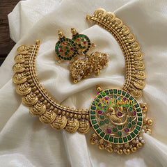 Peacock AD Stone Pendant Short Neckpiece-Green Red-Gold Bead-G7881