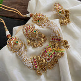 Jadau Kundan Pearl High Neck Choker -Peacock-Red Green-J929