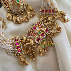 Jadau Kundan Pearl High Neck Choker -Peacock-Red Green-J929