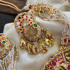 Jadau Kundan Pearl High Neck Choker -Peacock-Red Green-J929