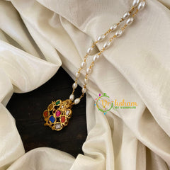 Exquisite Jadau Kundan Navarathna Ganesh Pendant Pearl Mala-J762