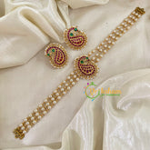 Gold look alike Pearl High Neck Choker-Paisley -Red Green-G9075