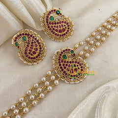 Gold look alike Pearl High Neck Choker-Paisley -Red Green-G9075