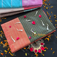 Forest Green with Red Border Silk Saree- Litchi Silk Saree -VS014