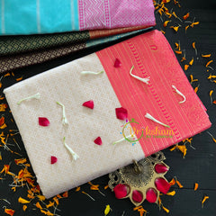 Half White Saree with Pink Border- Litchi Silk Saree -VS006