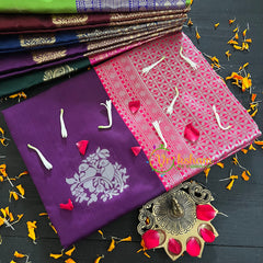 Violet Saree with Pink Border- Litchi Silk Saree -VS011