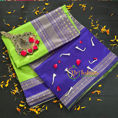 Light Green Saree with Blue Border- Litchi Silk Saree -VS013