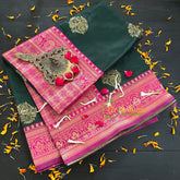Dark Green Saree with Pink Border- Litchi Silk Saree -VS012
