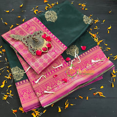Dark Green Saree with Pink Border- Litchi Silk Saree -VS012
