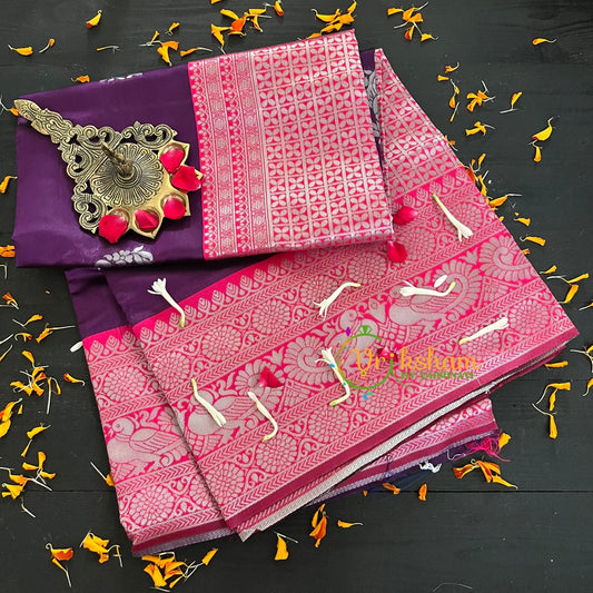 Violet Saree with Pink Border- Litchi Silk Saree -VS011