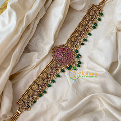 Gold look alike AD Stone Bridal Hip Chain -Green Bead-G9108