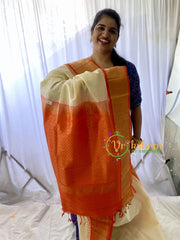 Half White Silk Cotton Saree with Orange Border-VS674