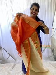 Half White Silk Cotton Saree with Orange Border-VS674