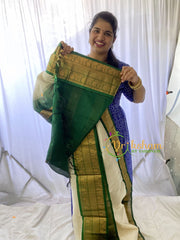 Half White Silk Cotton Saree with Green Border-VS680