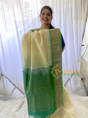 Half White Silk Cotton Saree with Aqua Green Border -VS682
