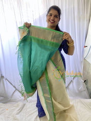 Half White Silk Cotton Saree with Aqua Green Border -VS682