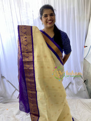 Half White Silk Cotton Saree With Bluish Violet Border -VS687