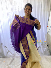 Half White Silk Cotton Saree With Bluish Violet Border -VS687