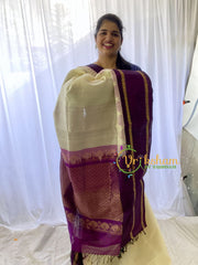 Half White Silk Cotton Saree with Purple Border -VS688