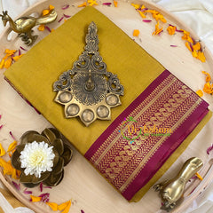 Mustard Yellow with Maroon Litchi Silk Saree-VS386