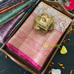 Peach Silk with Red Border Saree-Kanchi Silk Saree -VS016