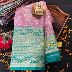 Light Pink Silk with Green Border Saree-Kanchi Silk Saree -VS018