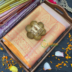 Pastel Pink Silk with Yellow Border Saree-Kanchi Silk Saree-VS024